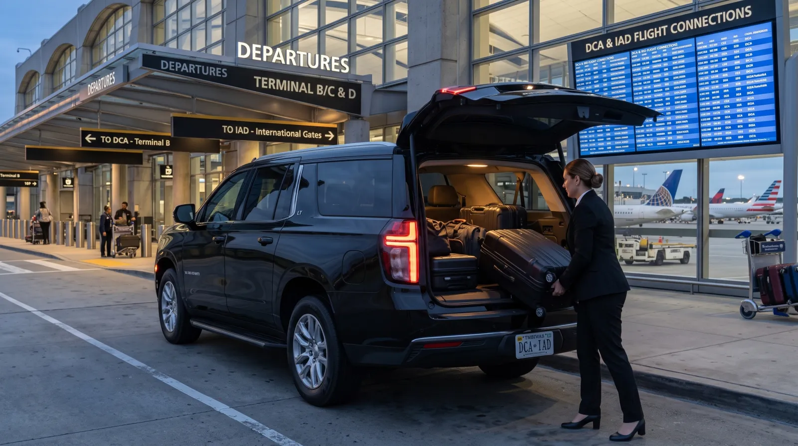 Chauffeur loading luggage into a Chevrolet Suburban LT at DCA departures