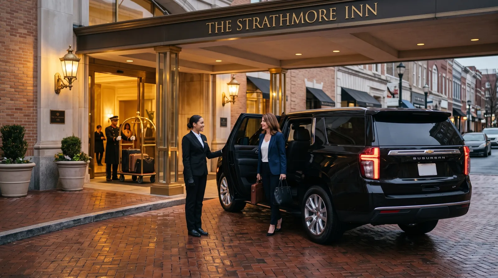 Chauffeur opening the Suburban door for a client at a luxury hotel in Bethesda, Maryland