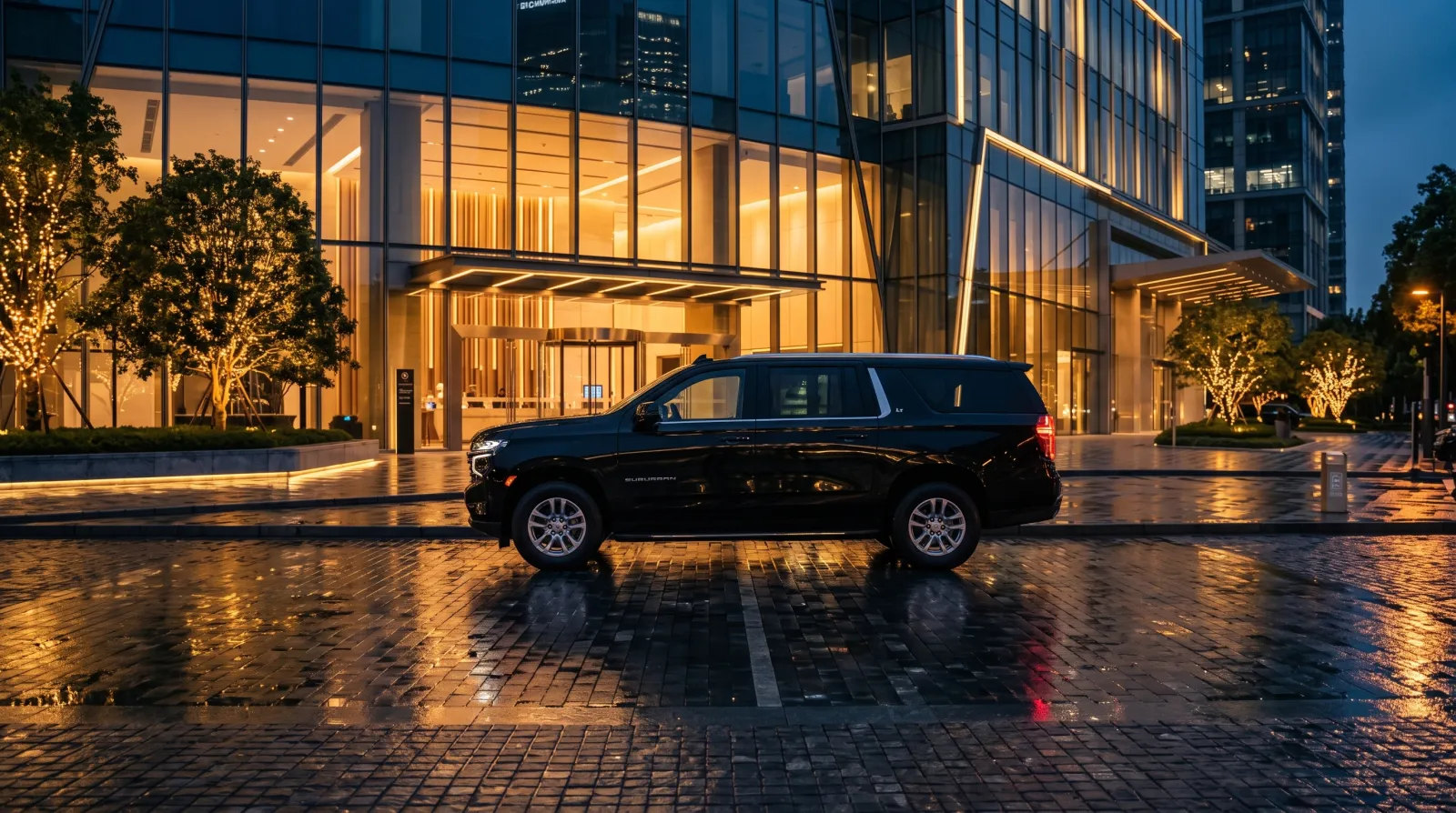 Black Chevrolet Suburban LT at a corporate office tower in Tysons, Northern Virginia