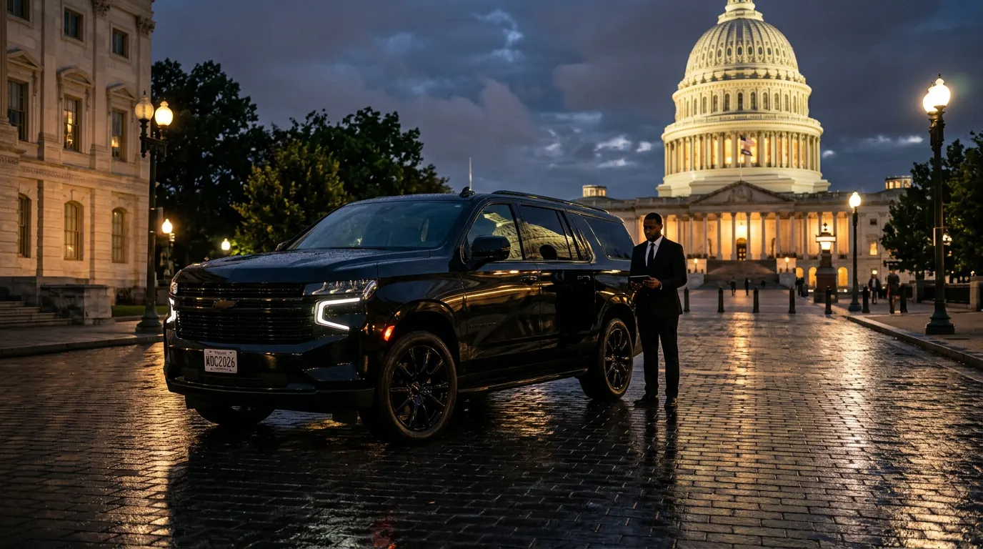 Black luxury SUV with chauffeur in front of the US Capitol at night