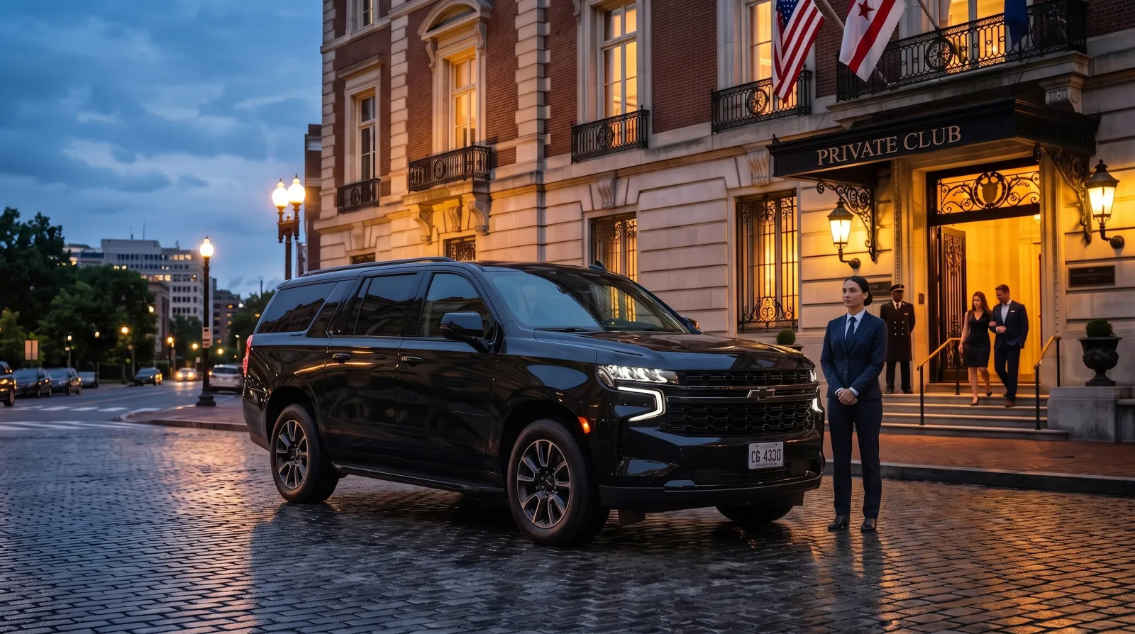 Black Chevrolet Suburban LT and chauffeur at a Washington DC private club