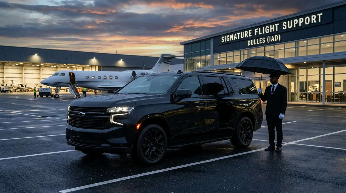 Luxury SUV and chauffeur at Signature Flight Support, Dulles (IAD)